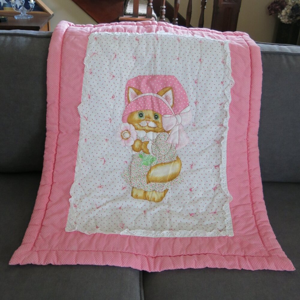 Vintage Spring Mills Handmade Pink Bonnet Floral Dress Kitty Cat Baby Girl Quilt